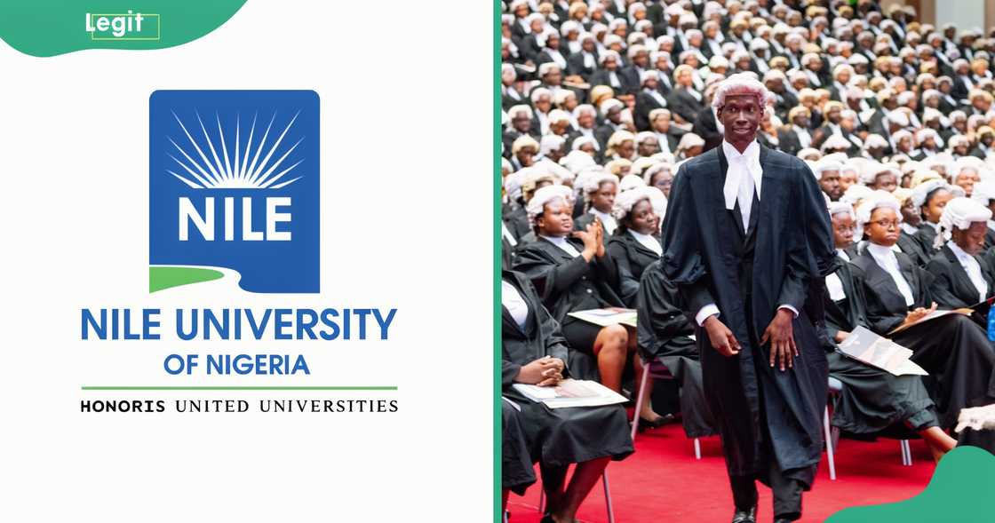 The Nile University of Nigeria logo. A young man in legal robes walks past other seated graduates. The Nile University of Nigeria logo. A young man in legal robes walks past other seated graduates.