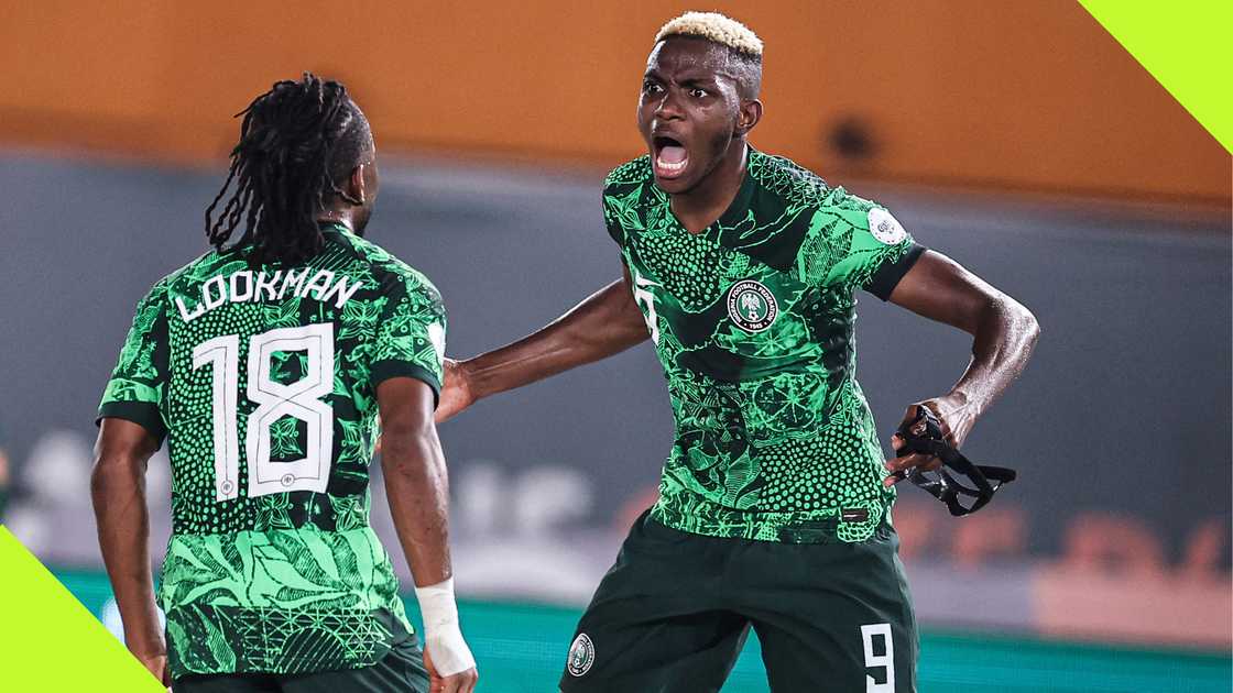 Victor Osimhen and Ademola Lookman celebrate Nigeria's goal against South Africa at AFCON 2023.