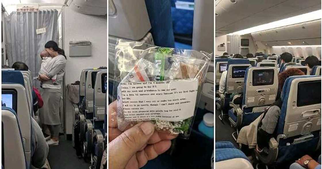 Mum gives goody bags to passengers, baby, four months old