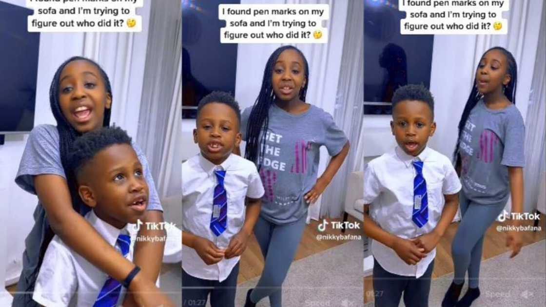 Children passionately defends themselves over stained sofa Children passionately defends themselves over stained sofa