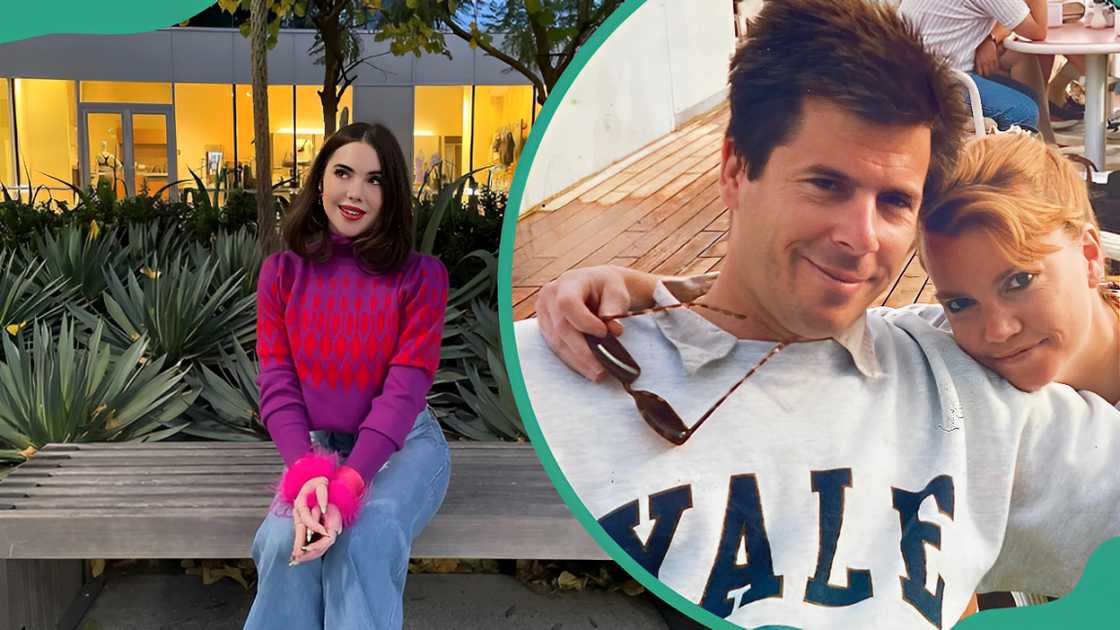McKayla sits outside a restaurant (L). McKayla Maroney's parents, Erin and Mike posing for a selfie (R). McKayla sits outside a restaurant (L). McKayla Maroney's parents, Erin and Mike posing for a selfie (R).