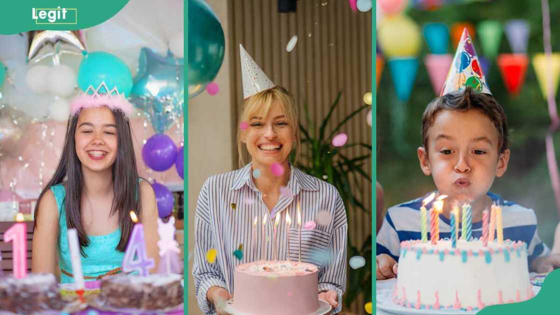 A girl with her birthday cake, a lady celebrating her birthday in the office, and a boy snuffing birthday candles