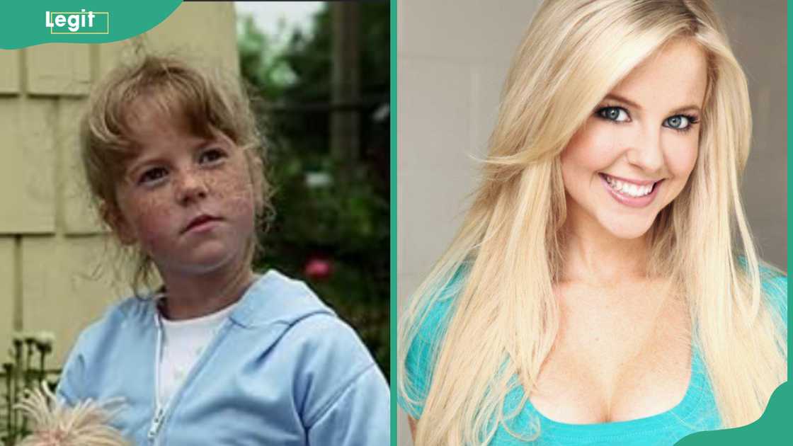 Chelan Simmons as Laurie Ann Winterbarger (L). Chelan Simmons posing in blue top (R). Chelan Simmons as Laurie Ann Winterbarger (L). Chelan Simmons posing in blue top (R).