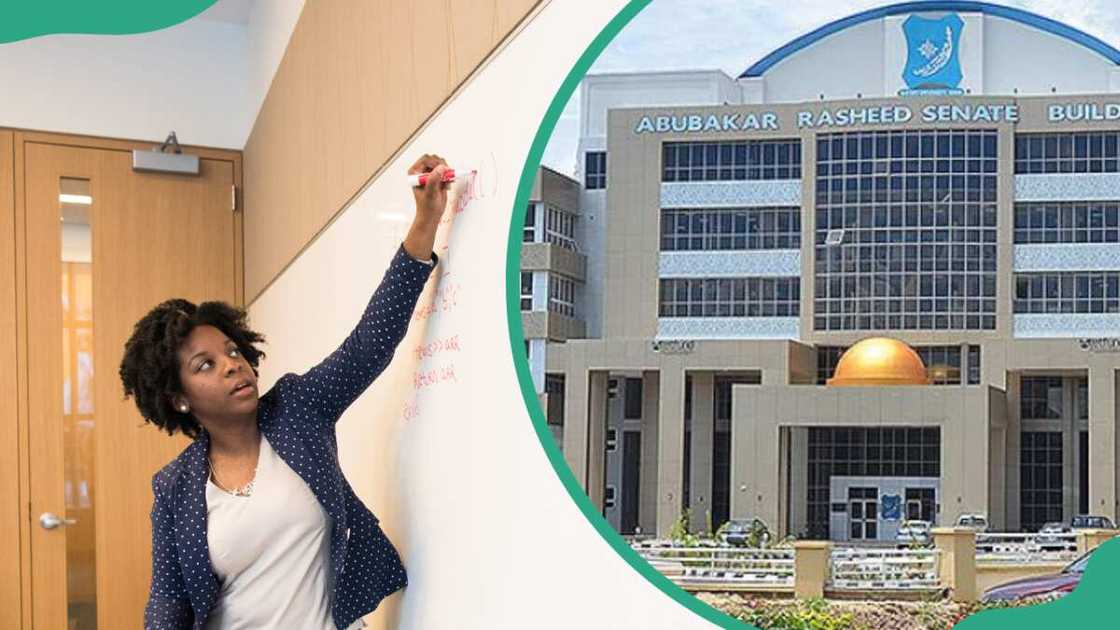 Abubakar Rasheed Senate Building and a teacher writing on a white board