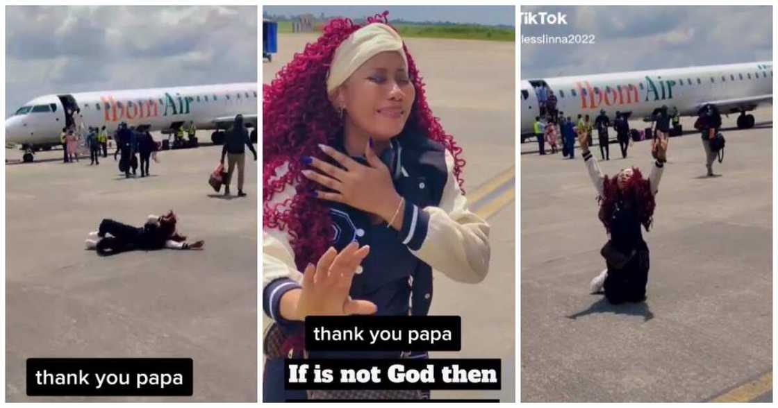 Ibom Air, Nigerian lady rolls on the ground, aeroplane, burst into tears Ibom Air, Nigerian lady rolls on the ground, aeroplane, burst into tears