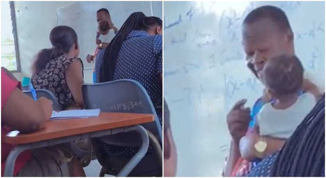 Photos of a lecture holding a baby during class. Photos of a lecture holding a baby during class.