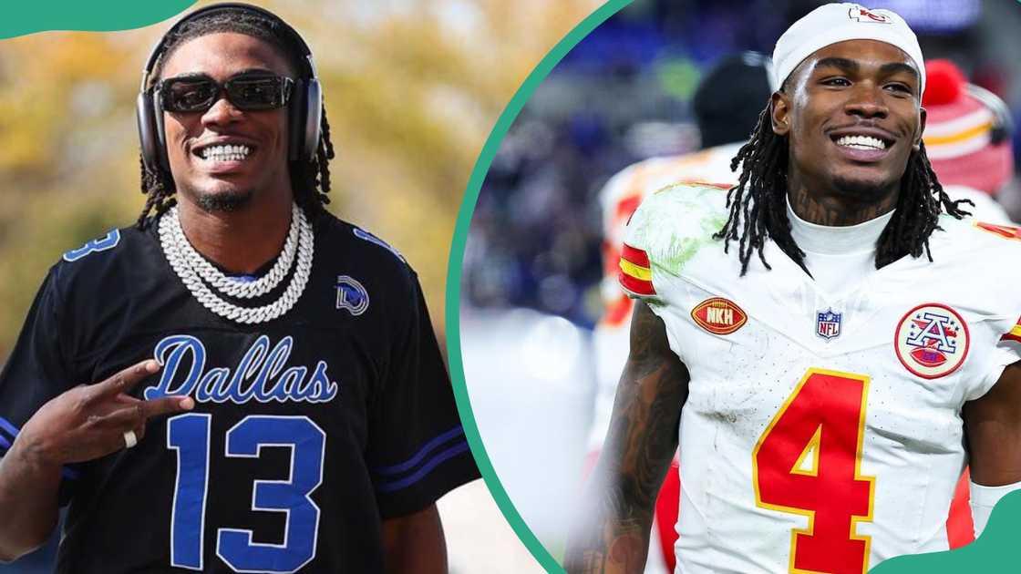 Rashee Rice arriving at a stadium for a game (L). The football player in action (R) Rashee Rice arriving at a stadium for a game (L). The football player in action (R)