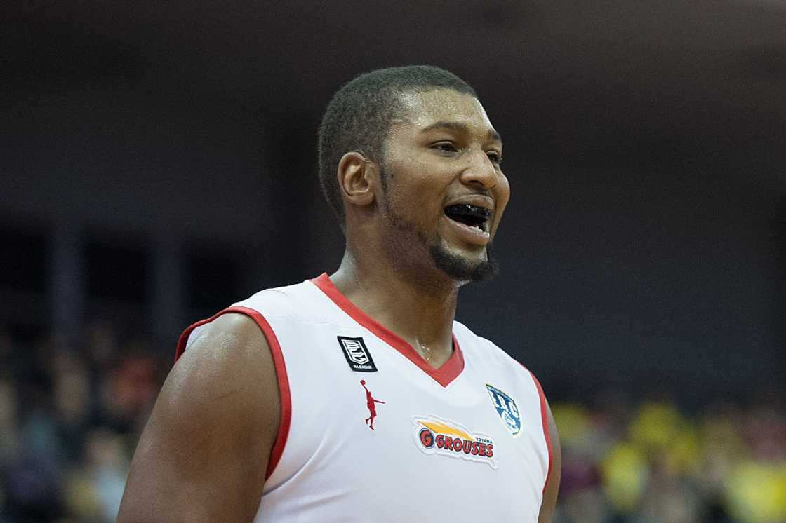 Dexter Pittman reacts during the B. League match between Chiba Jets and Toyama Grouses