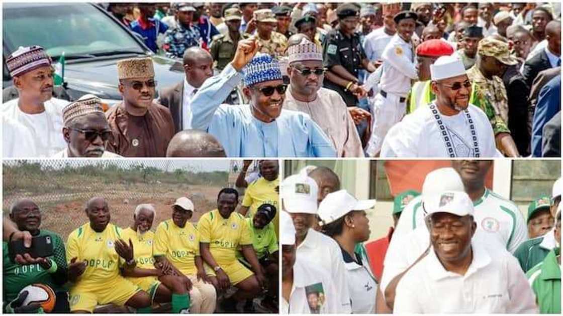 Hotunan Buhari ya na tattakin mita 800, Obasanjo ya na kwallo, Jonathan ya na sassarfa