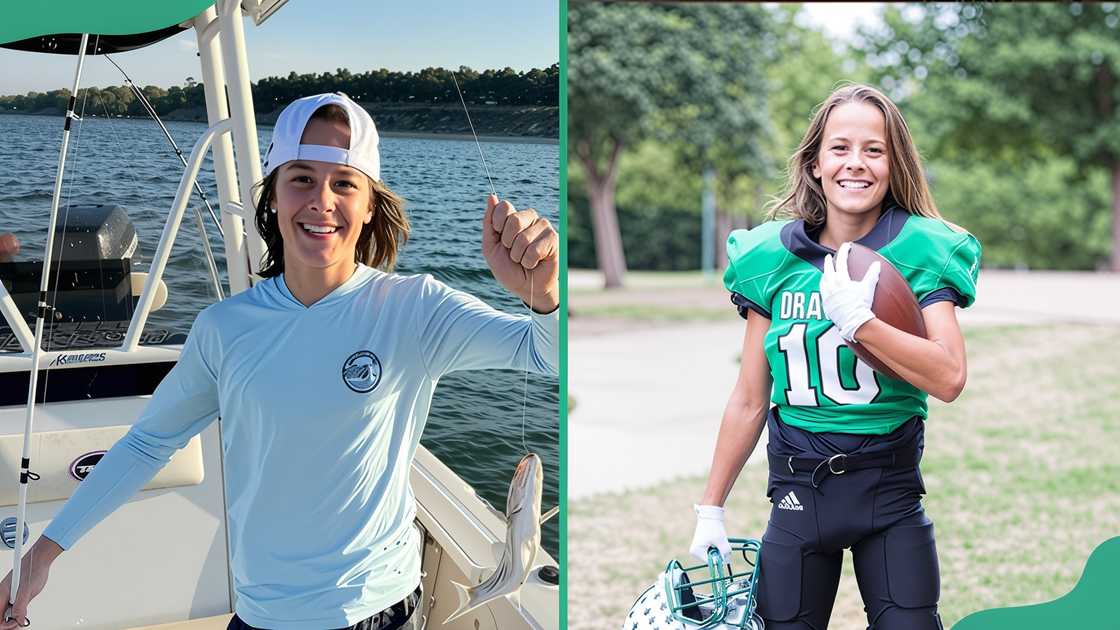 Carson Berrios posing with a fish on a boat and holding a football and helmet