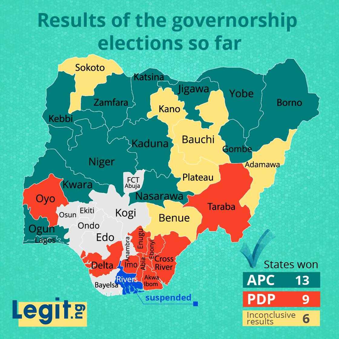 How APC, PDP stand in 22 states winners have been declared by INEC so far (infographics) How APC, PDP stand in 22 states winners have been declared by INEC so far (infographics)