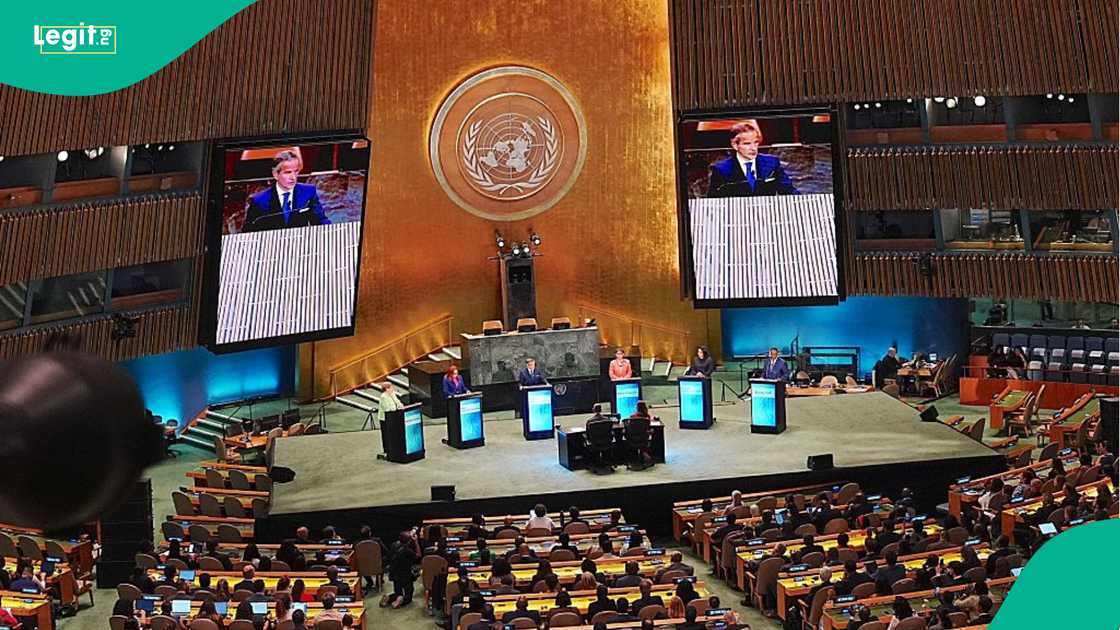 Global leadership fills the chamber, confronting peace, security, and the ethical frontier of artificial intelligence.