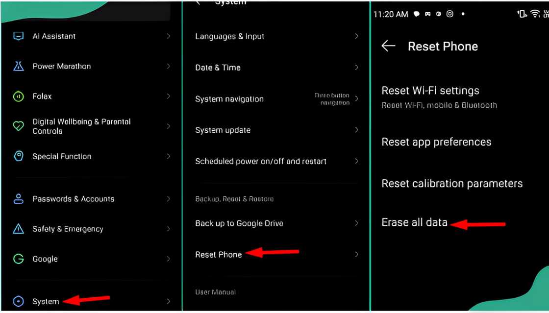 Steps for removing the phone from safe mode using the factory reset method.