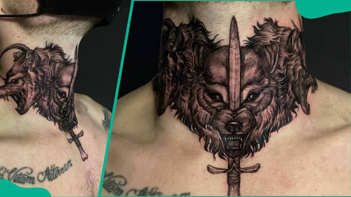 Sköll, Fenrir, and Hati neck tattoo