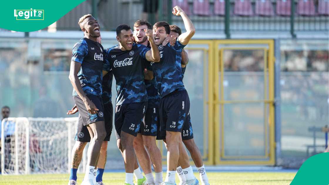 Giovanni Simeone, Walid Cheddira, Khvicha Kvaratskhelia, Victor Osimhen, Stadio Patini, Castel di Sangros, Naples, Italy, Napoli. Giovanni Simeone, Walid Cheddira, Khvicha Kvaratskhelia, Victor Osimhen, Stadio Patini, Castel di Sangros, Naples, Italy, Napoli.