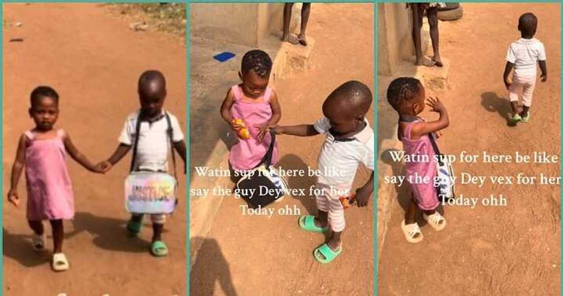 Little boy frowns his face as he escorts classmate to her house Little boy frowns his face as he escorts classmate to her house