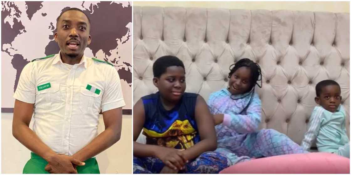 Comedian Bovi handles his kids with 'iron hand' as he teaches them pidgin in funny videos Comedian Bovi handles his kids with 'iron hand' as he teaches them pidgin in funny videos
