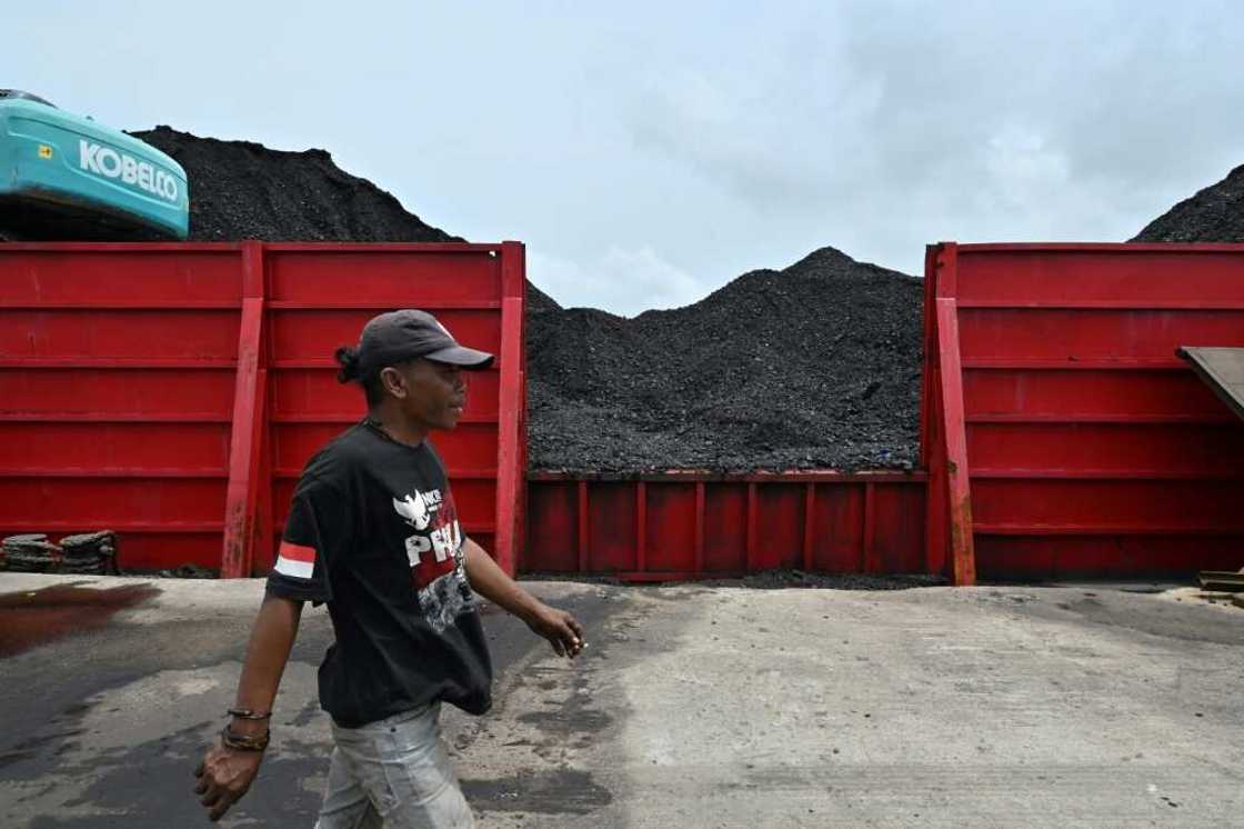 A man walks past a pile of coal at the Karya Citra Nusantara (KCN) Marunda port in Jakarta on January 17, 2022