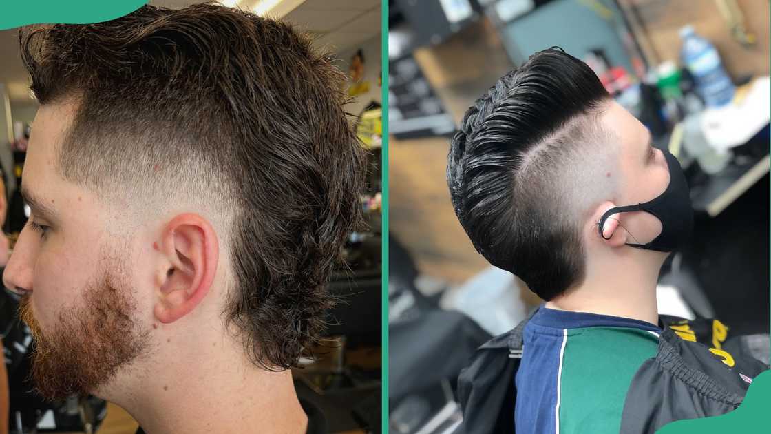 Two men display their razor mohawk fade