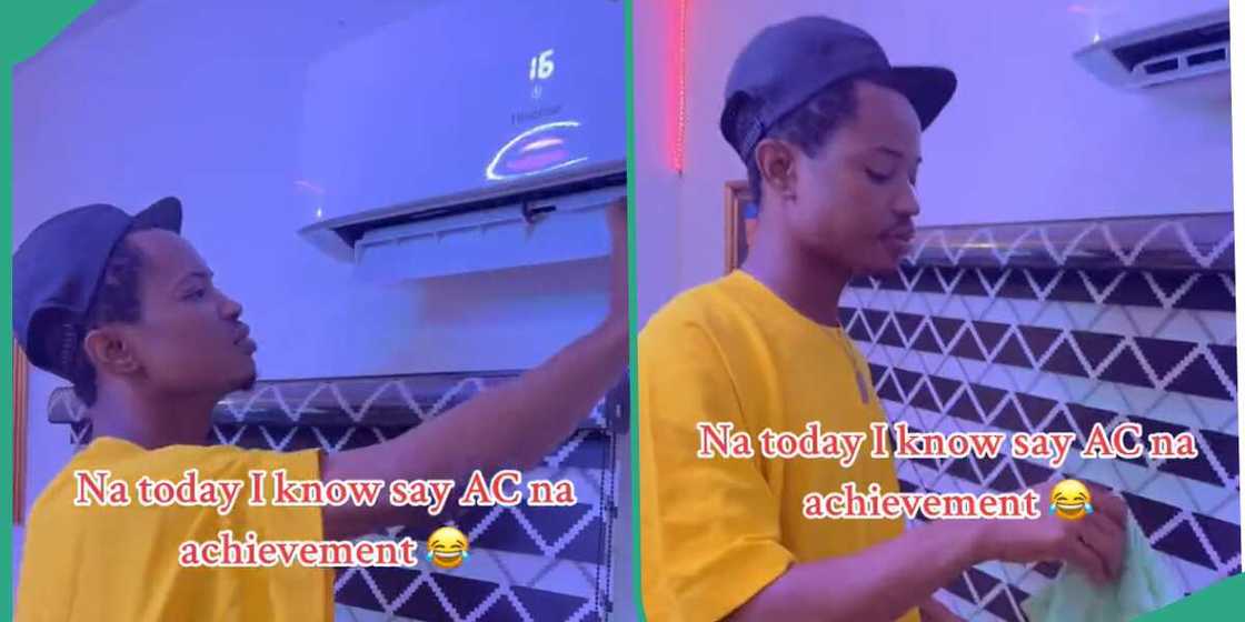 Man shows off his airconditioner. Man shows off his airconditioner.