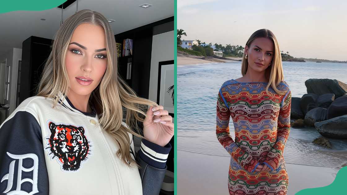 Natalie Buffett in a Dallas Tigers jacket (L). The social media influencer posing on the beach (R) Natalie Buffett in a Dallas Tigers jacket (L). The social media influencer posing on the beach (R)