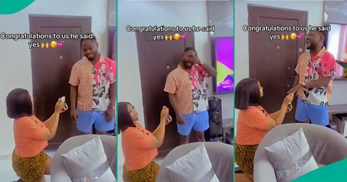 Lady Kneels To Propose To Her Man, Many React as He Accepts Her Ring in Viral Video