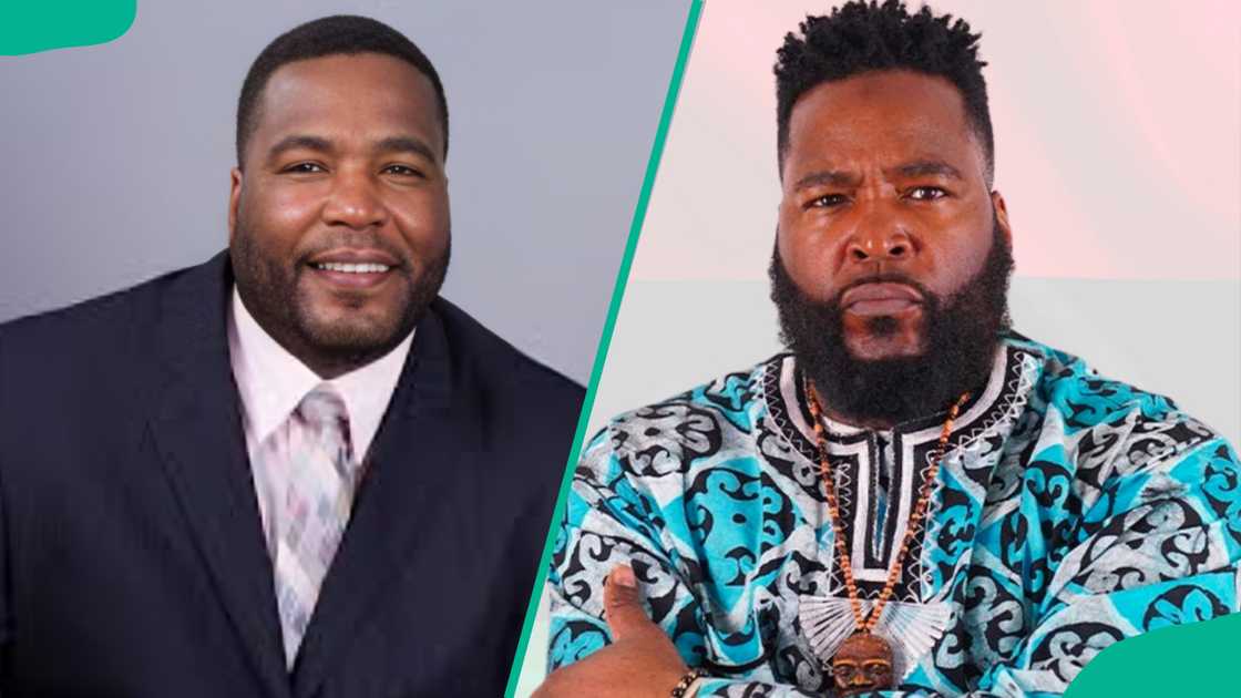 Umar Johnson in a suit and an Ankara shirt