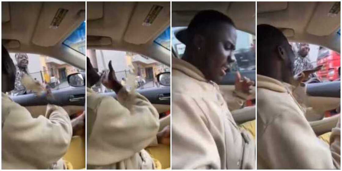 Social media reacts as Nigerian man blows kiss to female beggar while in traffic and gives her cash in video Social media reacts as Nigerian man blows kiss to female beggar while in traffic and gives her cash in video