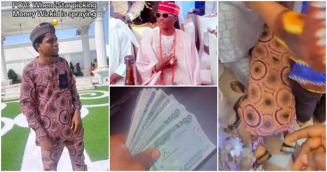 Man at Wizkid's mum's burial party kneels down to pick money from the floor.