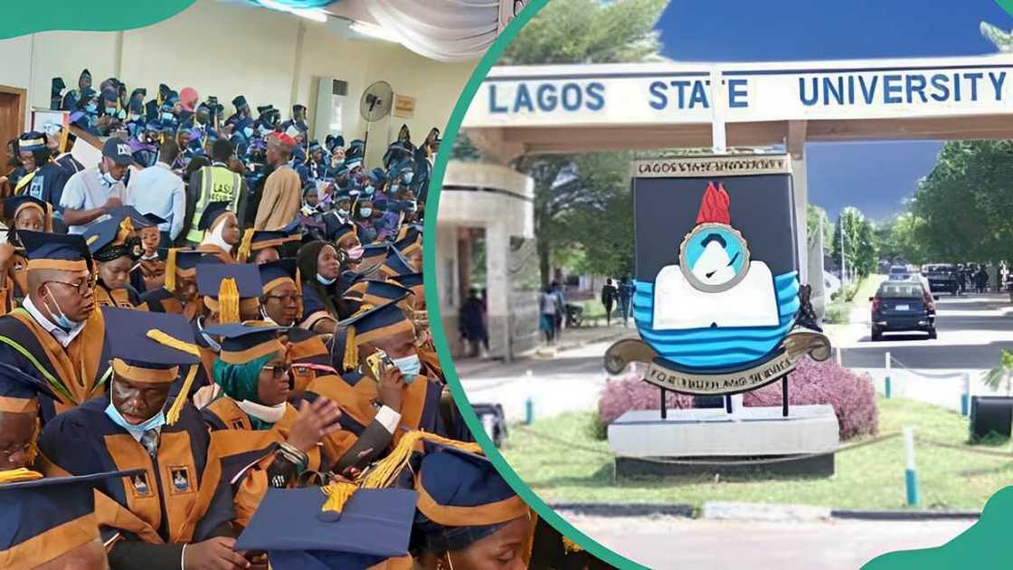The Lagos State University entrance and students wearing blue and yellow graduation gowns The Lagos State University entrance and students wearing blue and yellow graduation gowns