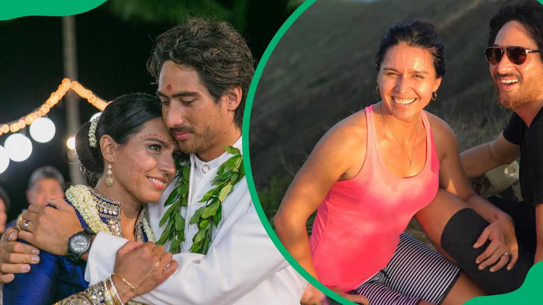 Abraham Williams and Tulsi Gabbard on their wedding day and during a hike Abraham Williams and Tulsi Gabbard on their wedding day and during a hike
