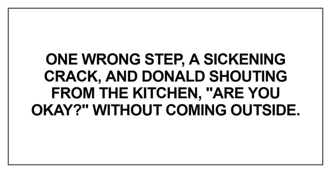 One wrong step, a sickening crack, and Donald shouting from the kitchen One wrong step, a sickening crack, and Donald shouting from the kitchen