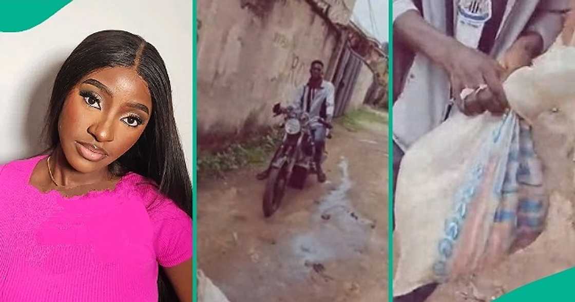 Lady who received sudden call from bike man to come outside her gate shares what he gave to her Lady who received sudden call from bike man to come outside her gate shares what he gave to her