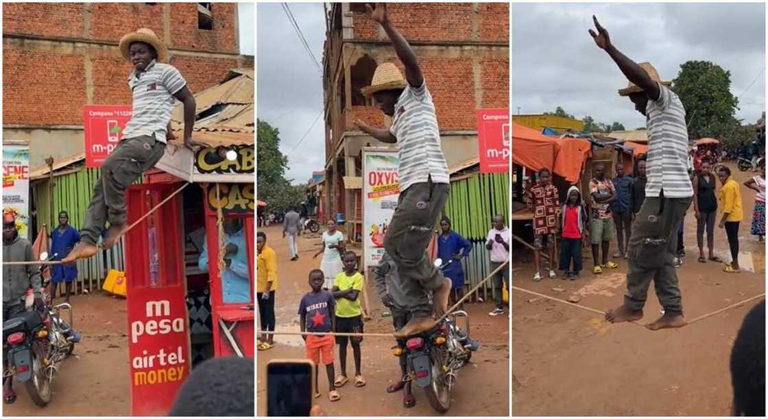 Photos of a man walking on rope.