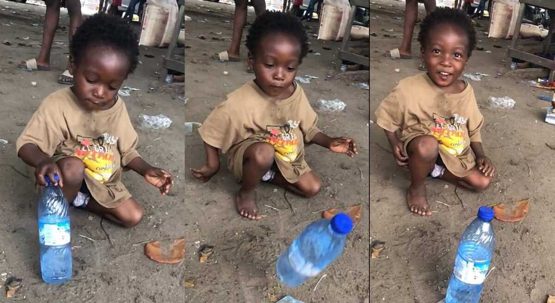 Photos of a boy playing bottle flip challenge alone.