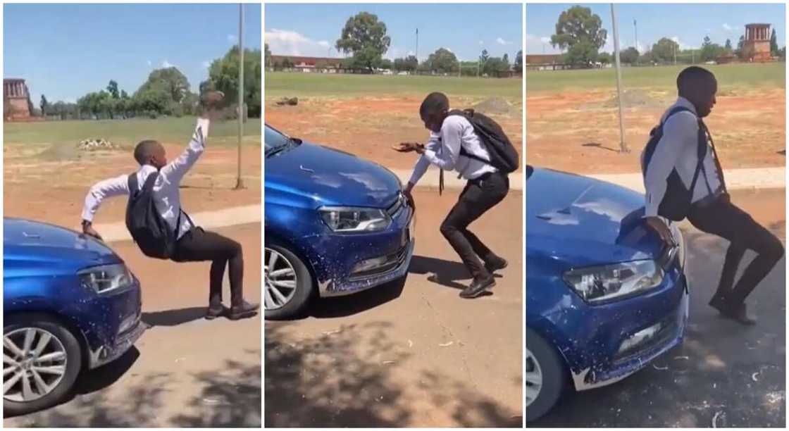 Photos of a young man in dancing posture in front of a car. Photos of a young man in dancing posture in front of a car.
