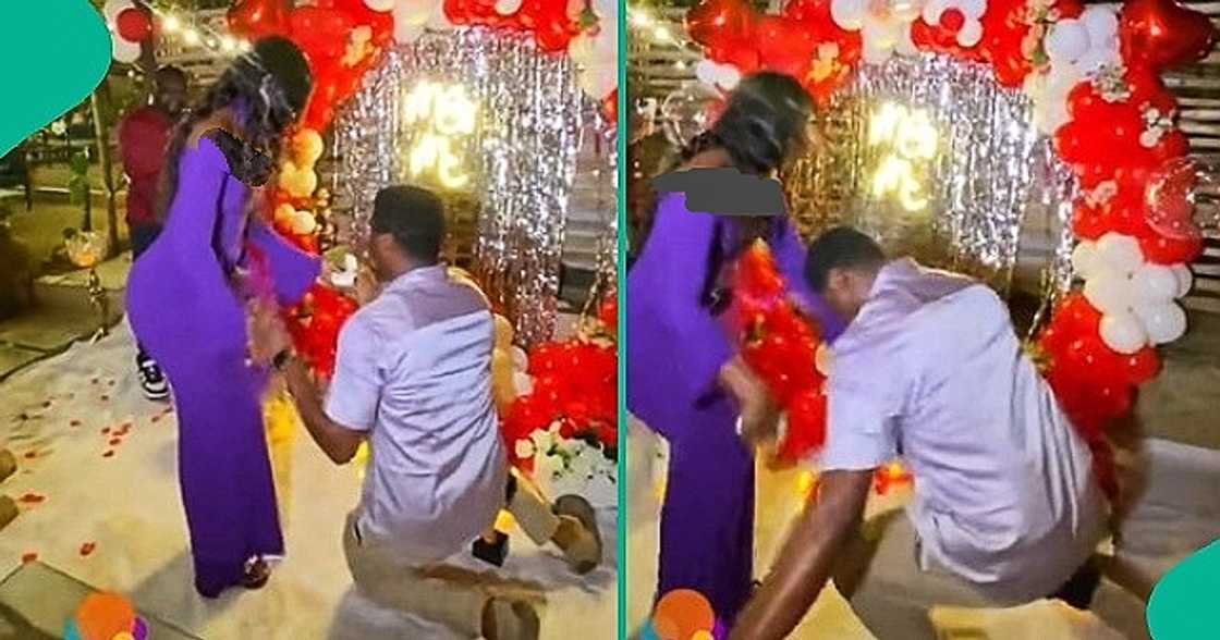 Man with broken leg kneels to propose to partner Man with broken leg kneels to propose to partner