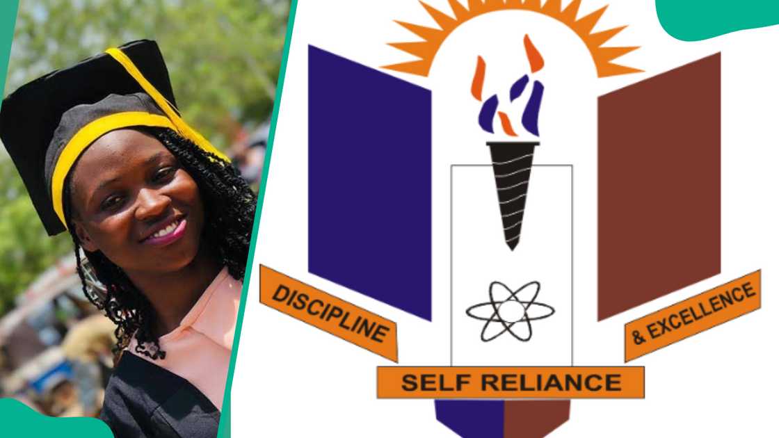 A female student from UNIZIK wearing graduation attire (L), and the university's logo (L) A female student from UNIZIK wearing graduation attire (L), and the university's logo (L)