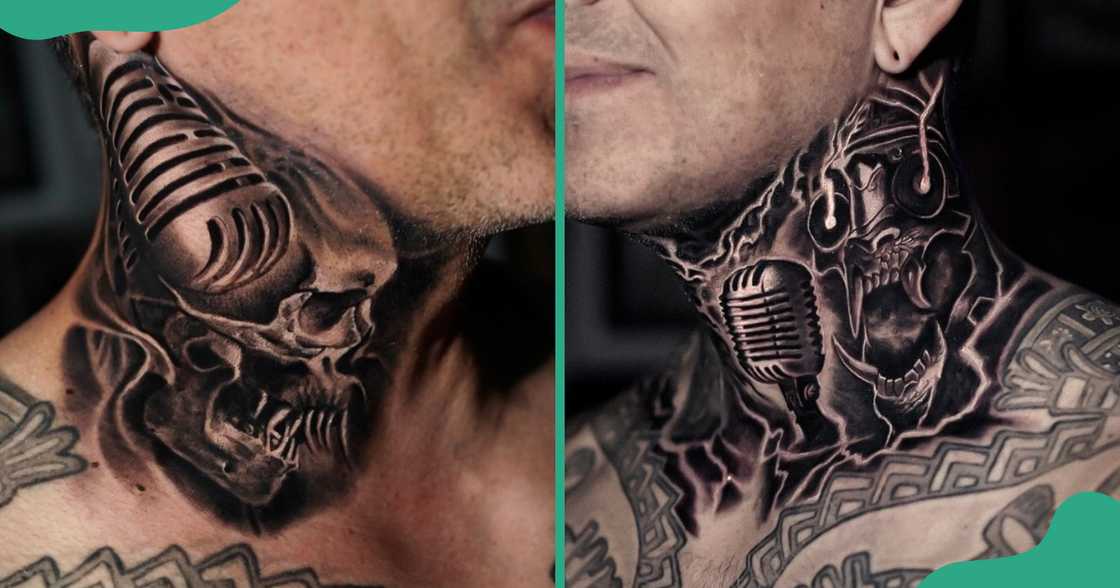 A customised throat tattoo with a microphone and a skull. A customised throat tattoo with a microphone and a skull.