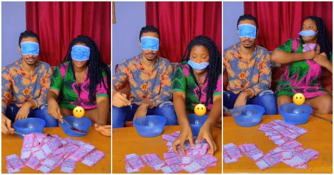 Funny couple game, lady deceives hubby, blindfolded money game Funny couple game, lady deceives hubby, blindfolded money game