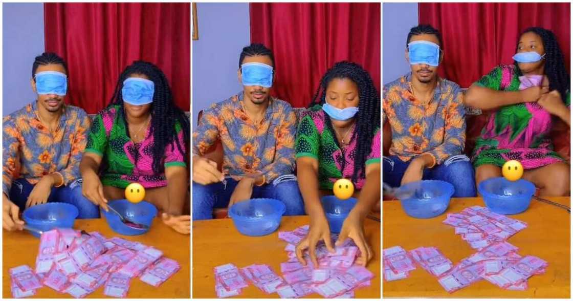 Funny couple game, lady deceives hubby, blindfolded money game