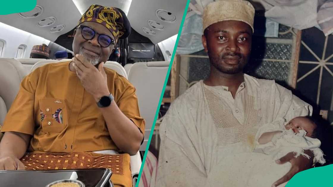 Saga's dad flying in a plane and him holding baby Saga