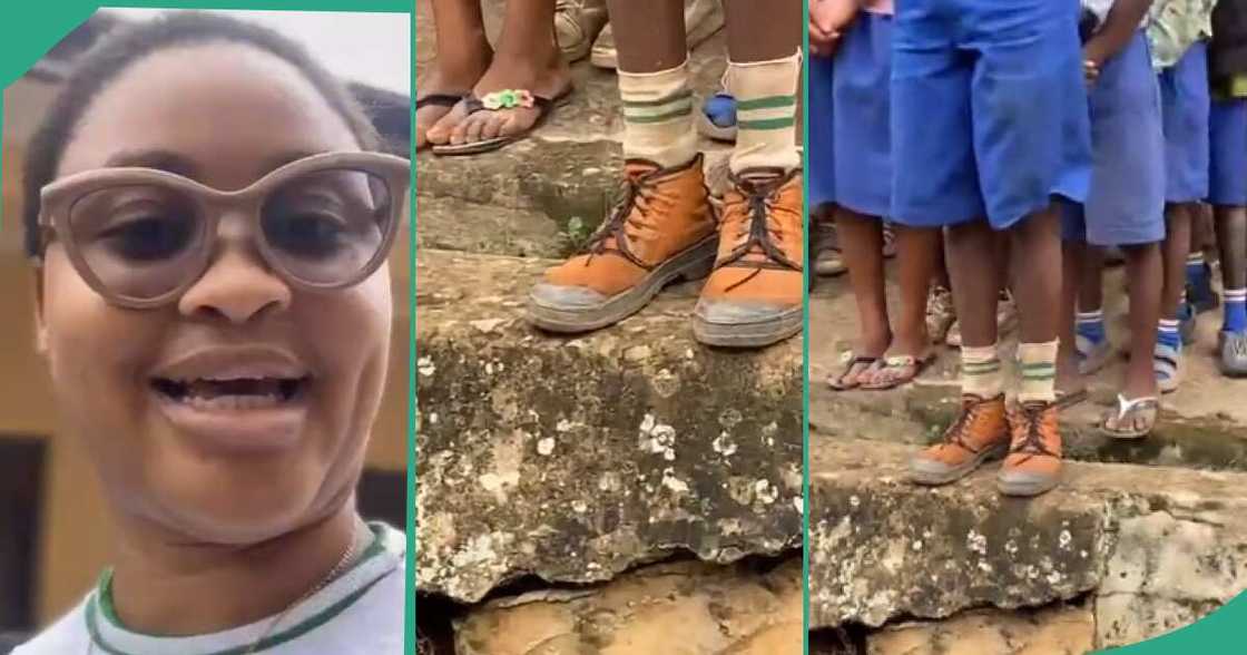 NYSC lady shares video of pupil's shoe. NYSC lady shares video of pupil's shoe.