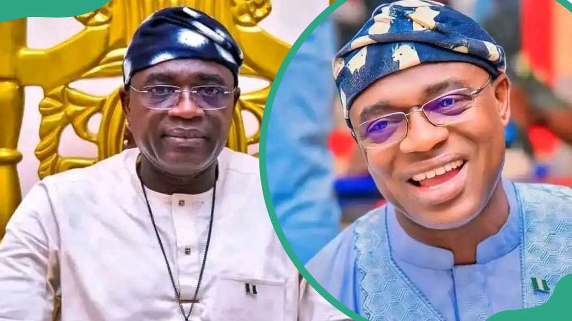 Hyacinth Alia seated against a backdrop with a gold-coloured design (L). The governor in a traditional Nigerian attire (R)