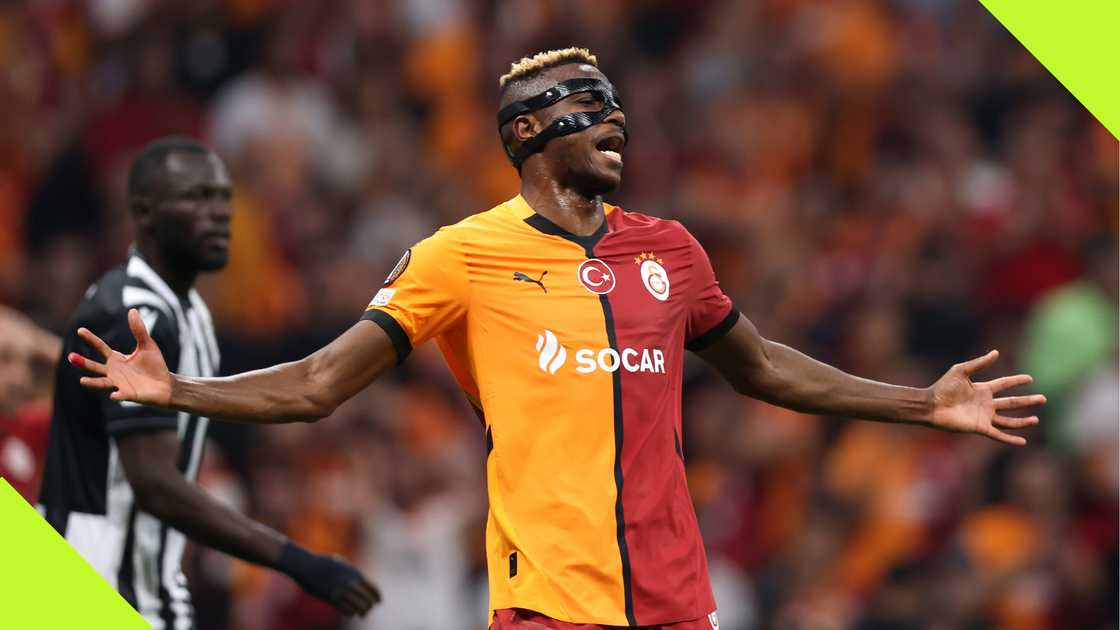 Victor Osimhen reacts after missing a goalscoring chance for Galatasaray against PAOK.