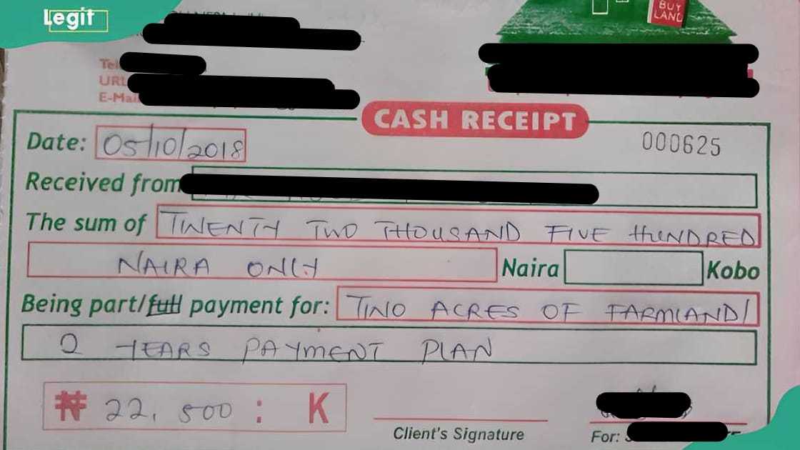 A sample of a land purchase receipt A sample of a land purchase receipt