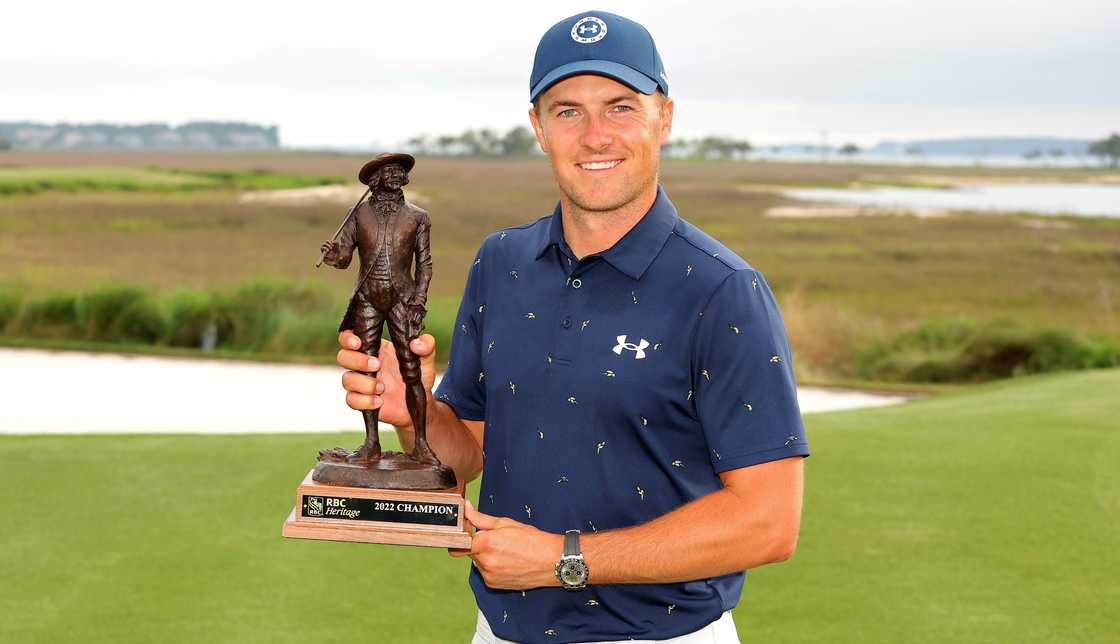 Jordan Spieth poses with the RBC Heritage trophy Jordan Spieth poses with the RBC Heritage trophy