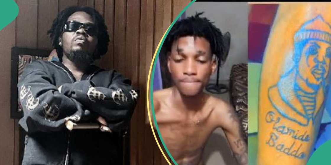 Fan call on Olamide after inking his face on leg. Fan call on Olamide after inking his face on leg.