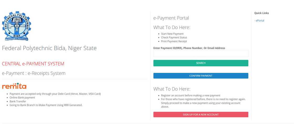 Federal Polytechnic Bida ePayment portal