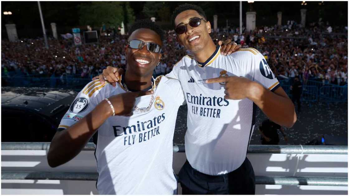 Vinicius Jr and Jude Bellingham at Santiago Bernabeu after Real Madrid won the Champions League. Vinicius Jr and Jude Bellingham at Santiago Bernabeu after Real Madrid won the Champions League.